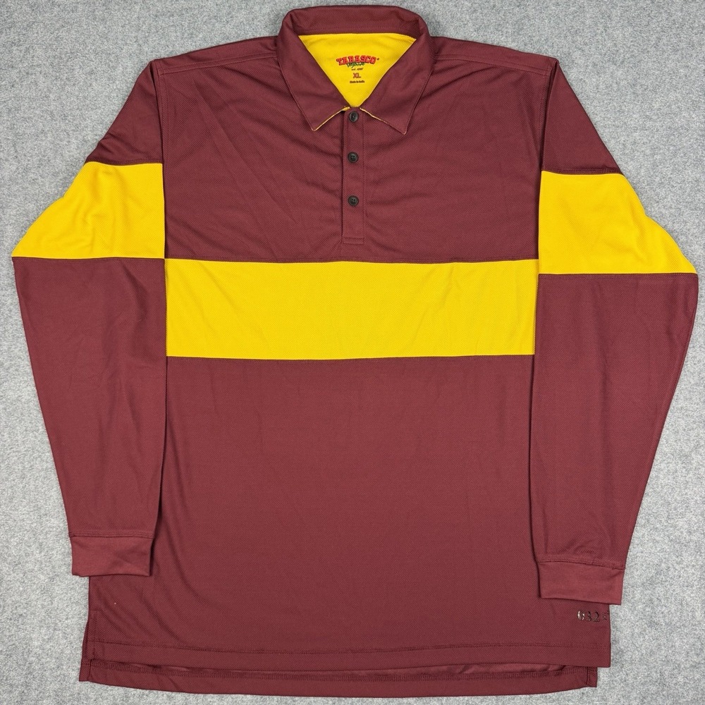 Tabasco Sport Shirt Mens XL Maroon Yellow Striped Long Sleeve Polo Golf 032 Dry